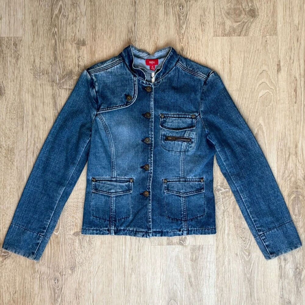 Mossimo Denim Jacket Military Style Medium Blue Button Up Fitted Fit